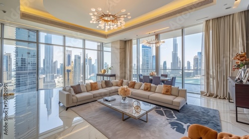 Extravagant urban living captured through sophisticated design, exclusive amenities, and breathtaking panoramic vistas from towering heights. photo