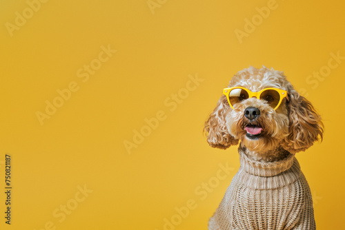 Focusing on fashion over identity, a faceless dog sports a sweater and heart glasses against a monochrome background photo