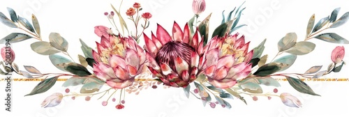 Gold Crystal Accented Protea Rose Watercolor Illustration Generative AI