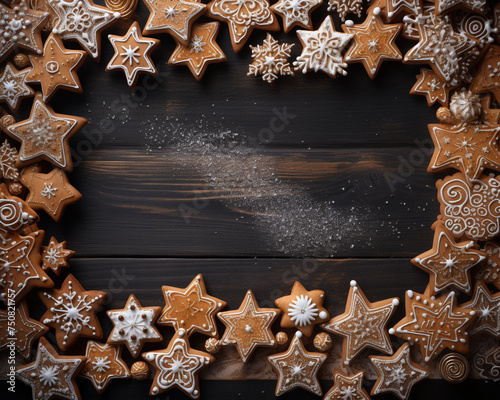 wooden christmas cookie frame on a wooden background, in the style of the stars art group сreated with Generative Ai photo