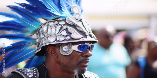 A man wearing a blue feathered headdress and sunglasses, with a hint of blue in the background.