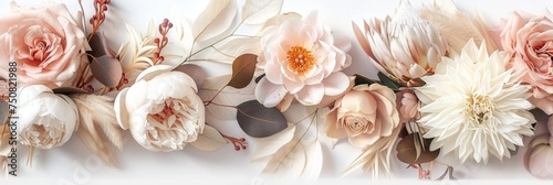 Pastel-Colored Camellia, Peony, and Protea on White Background Generative AI