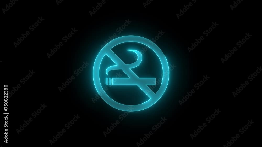 Smoking ban icon glowing neon cyan color animation black background Smoking ban icon glowing neon cyan color animation black background
