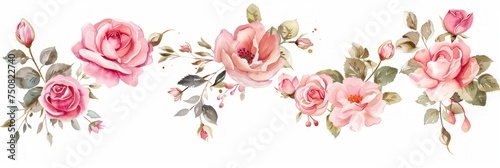 Pink Watercolor Rose Arrangement on White Background Generative AI