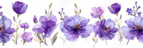 Purple Watercolor Flowers Seamless Border Generative AI