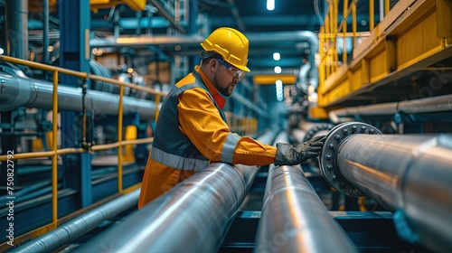 Male worker inspecting steel long pipes in station oil factory. Visual check pipeline oil and gas industry. Diligent inspection of long pipes in the oil sector.