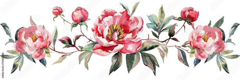 Watercolor Peonies with Dark Pink Hues on White Background Generative AI