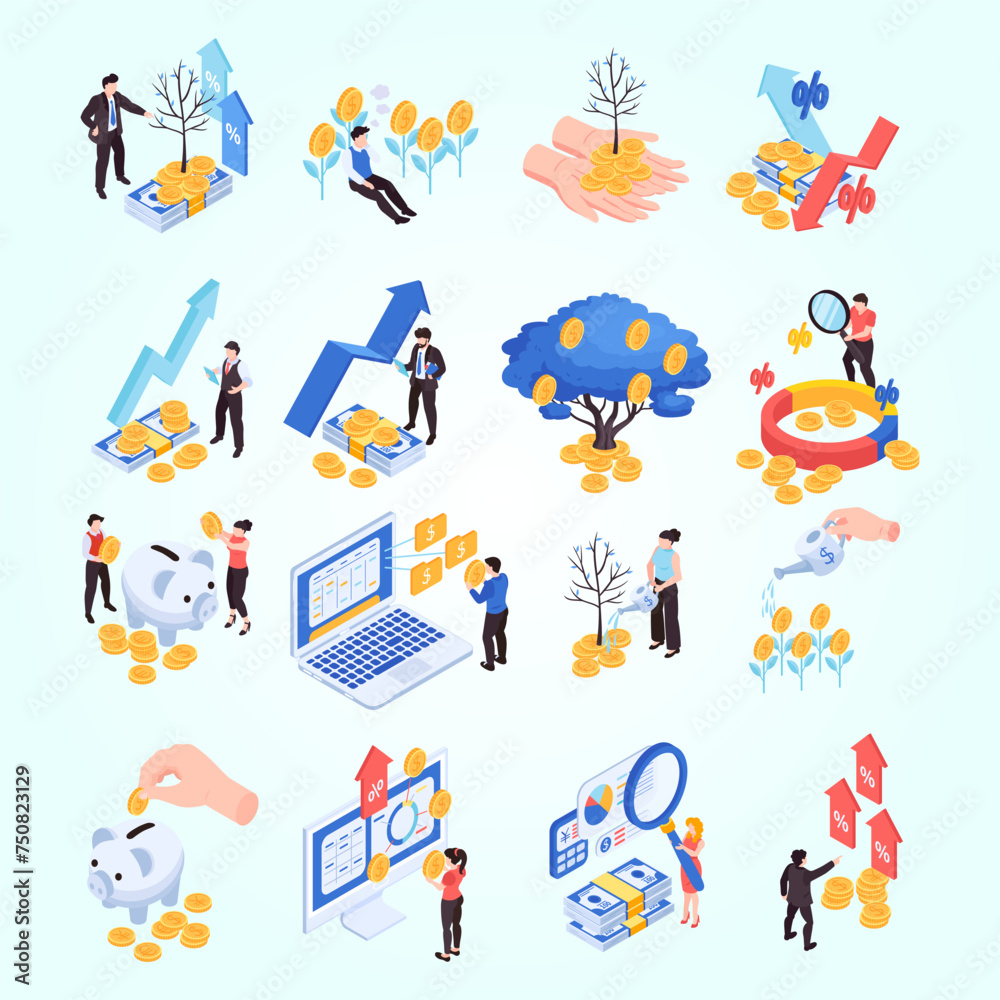 isometric financeset isolated icons with human characters coins banknotes with money plant growing isometric financeset isolated icons with human characters coins banknotes with money plant growing