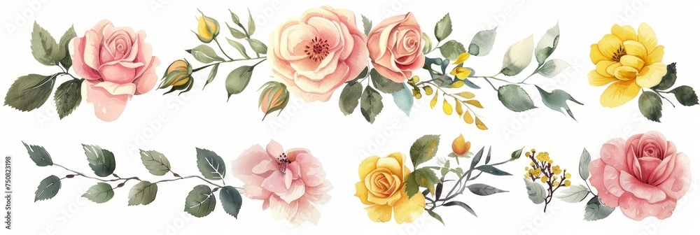 Pink and Yellow Garden Roses Watercolor Arrangement Generative AI
