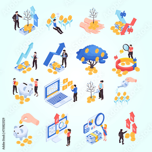 isometric financeset isolated icons with human characters coins banknotes with money plant growing