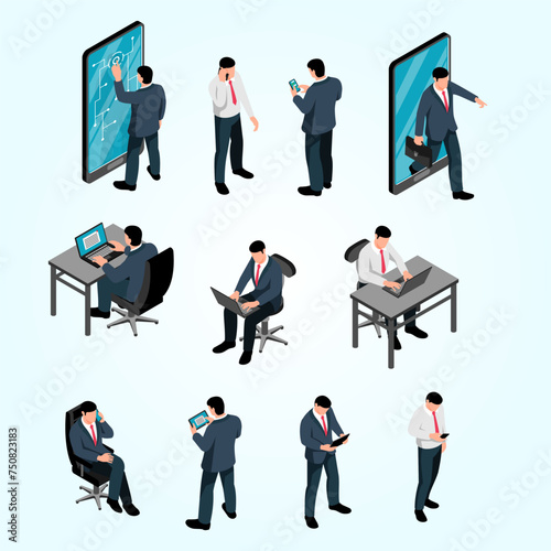 men with device isometric set male characters holding smartphones texting talking working using laptop