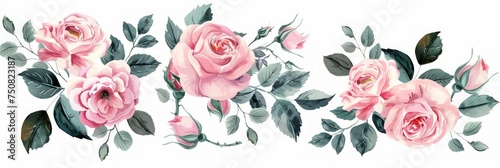 Pink Garden Roses Watercolor Arrangement for Botanic Illustration Generative AI
