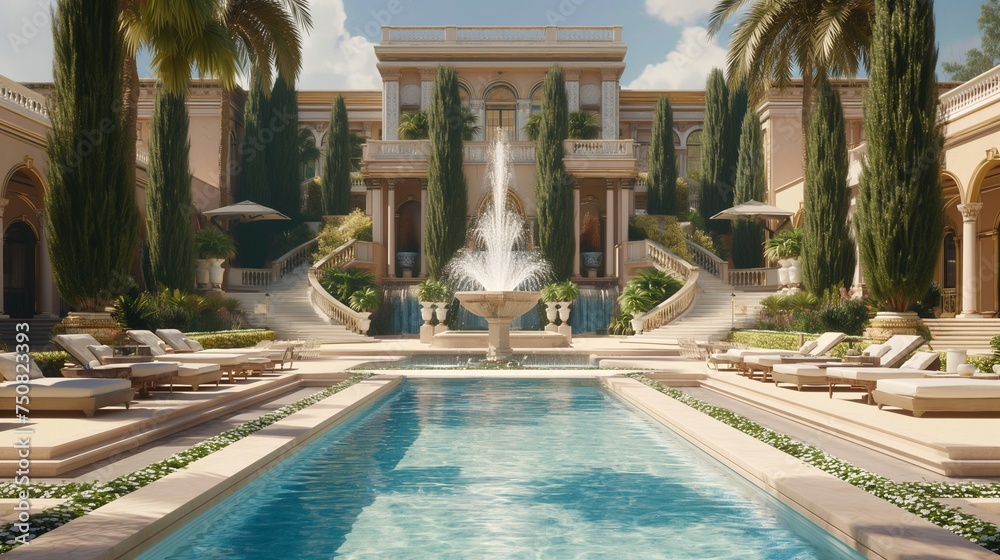 A cinematic view of opulence, where a grand pool area with fountains and upscale loungers creates a serene and stylish outdoor retreat