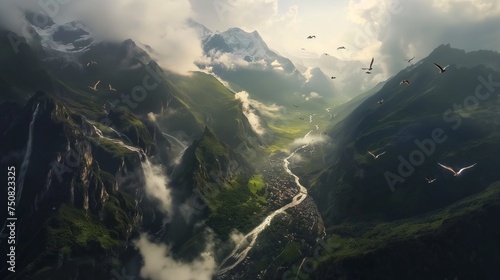 A cinematic view capturing the spellbinding allure of streams descending from towering peaks, embracing charming villages, as graceful birds adorn the scene with their mesmerizing flight.