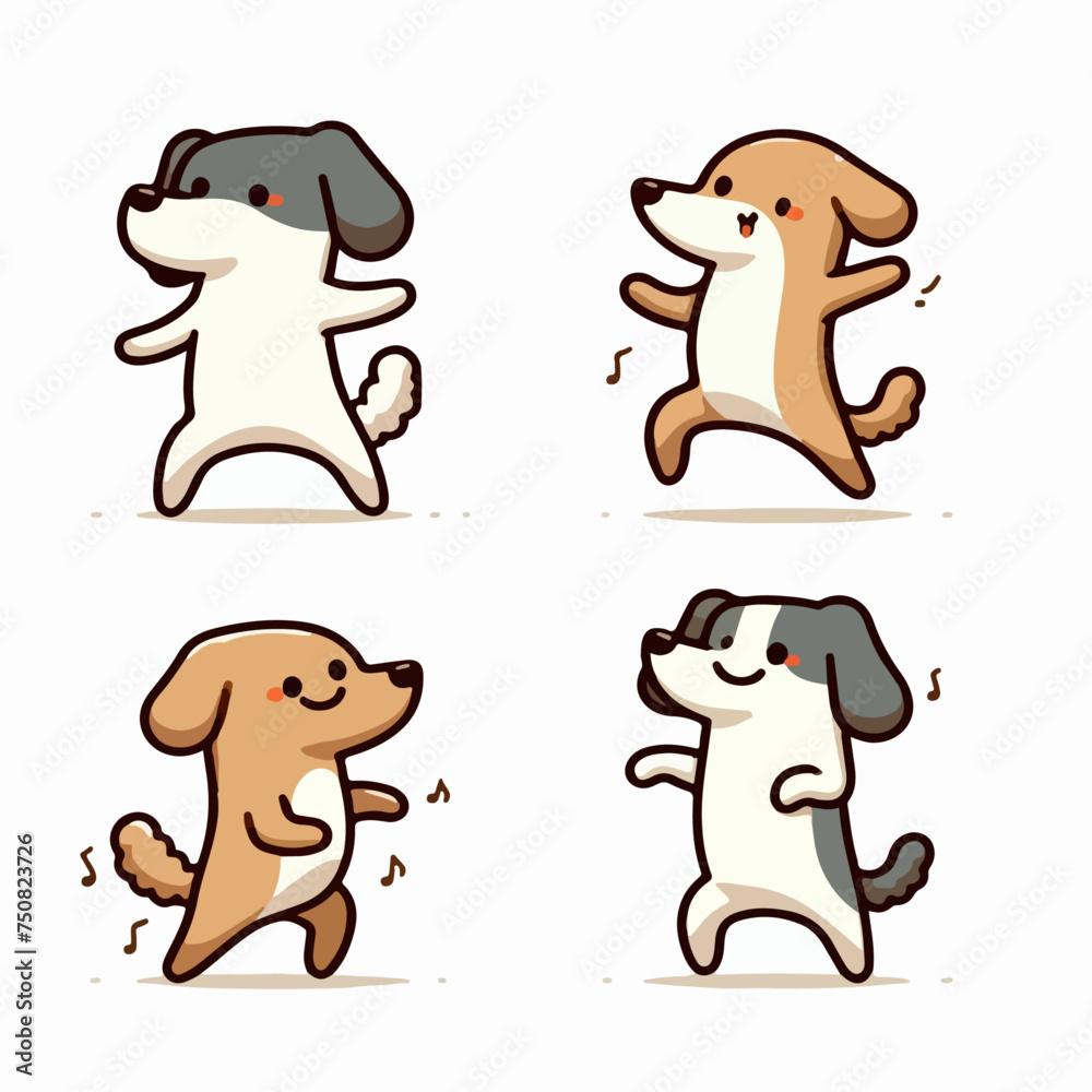 Illustration of a set of dogs dancing in a cartoon vector style