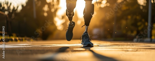 Backlit image of an athlete with prosthetic legs running at sunset, embodying determination and motivation, suitable for promoting adaptive sports and inclusion.