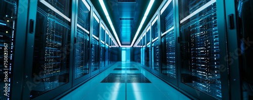 Futuristic data center with rows of server racks under vibrant blue neon lights, showcasing a high-tech, secure computing environment, ideal for tech events and IT-related themes. photo