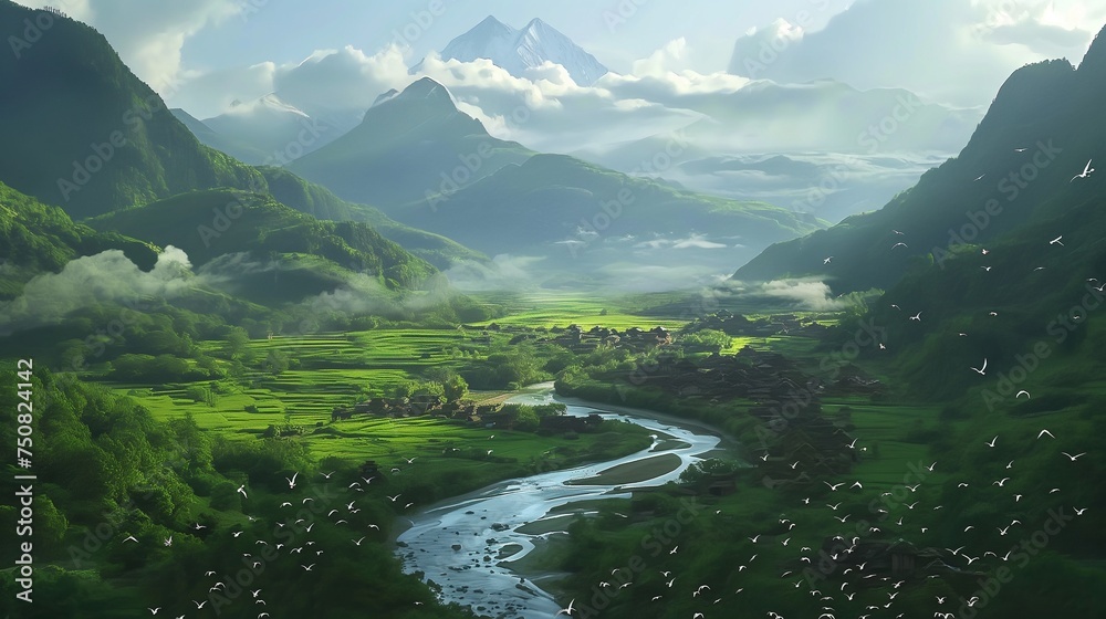 A cinematic view of pristine mountain streams weaving through idyllic villages, surrounded by lush landscapes, accompanied by the elegant dance of vibrant birds.