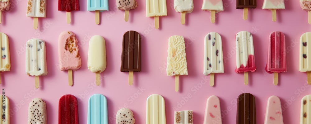 An array of various popsicles in pastel tones neatly arranged on a pink background, ideal for summer or dessert-themed design. An array of various popsicles in pastel tones neatly arranged on a pink background, ideal for summer or dessert-themed design.