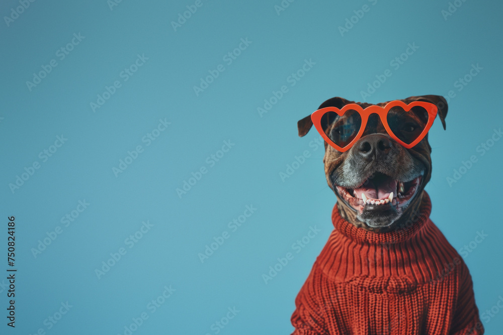 Joyful dog dressed in a red sweater and heart-shaped sunglasses exuding love and happiness Joyful dog dressed in a red sweater and heart-shaped sunglasses exuding love and happiness