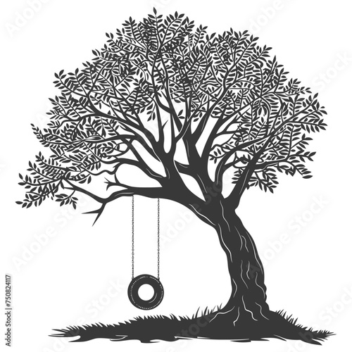 Silhouette Tree With A Tyre Swing black color only