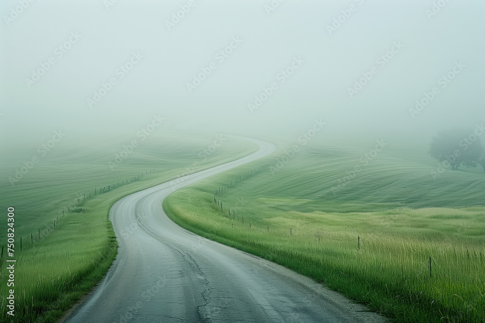 Road in the fog. Misty landscape. Background image. Created with Generative AI technology. Road in the fog. Misty landscape. Background image. Created with Generative AI technology.