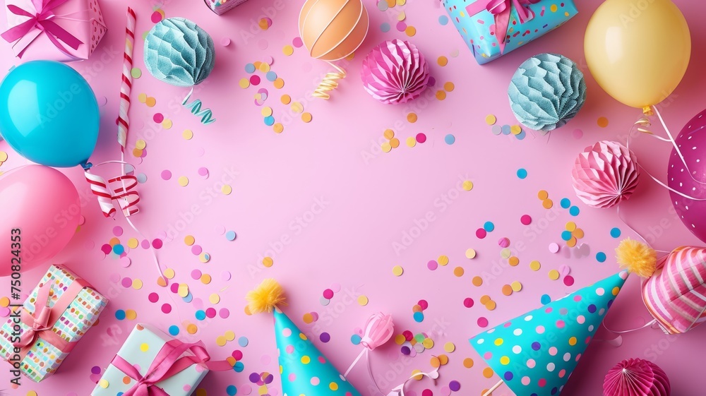 Flat lay of a colorful birthday party setup with balloons, gifts, and confetti on a pink background, ideal for event announcements.