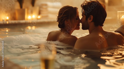 Couple relaxing in a hot tub at spa center romantic night