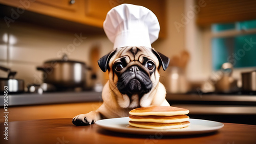 A pug in a white cap sits in front of a plate of pancakes in a cozy kitchen. Image for pancake day postcards. 