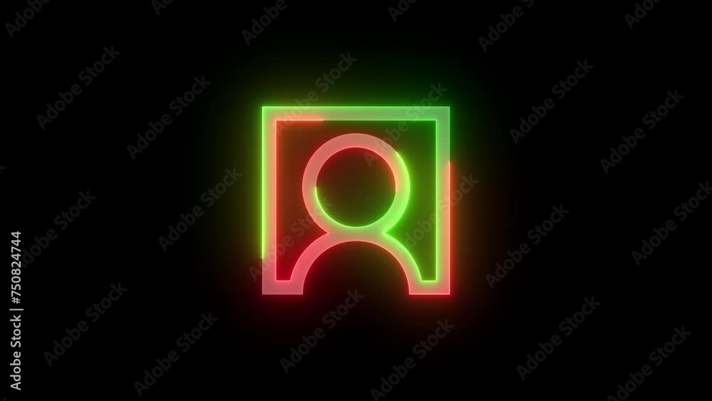 Neon contact square box icon green red color glowing animation black background Neon contact square box icon green red color glowing animation black background