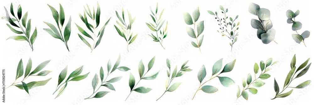 Green and Gold Leaf Branches Watercolor Illustration Set for Wedding Stationary and Wallpapers Generative AI Green and Gold Leaf Branches Watercolor Illustration Set for Wedding Stationary and Wallpapers Generative AI