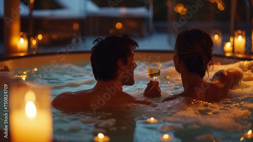 Couple drinking wine in a hot tub romantic night photo