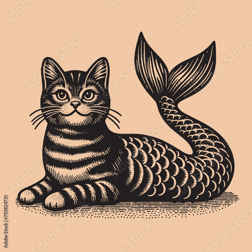 Cute mermaid tabby cat. Old vintage engraving illustration. Hand drawn outline graphic. Logo, emblem, icon. Isolated object, cut out. black and white