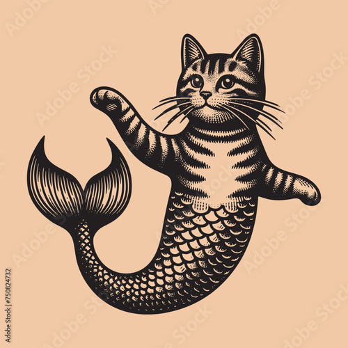 Cute mermaid tabby cat. Old vintage engraving illustration. Hand drawn outline graphic. Logo, emblem, icon. Isolated object, cut out. black and white