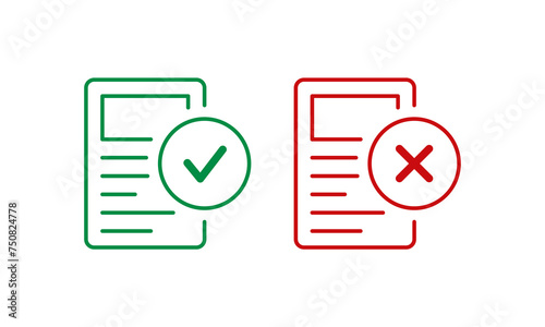 green check sign with pages, cancel sign with pages. confirmation and cancellation symbols