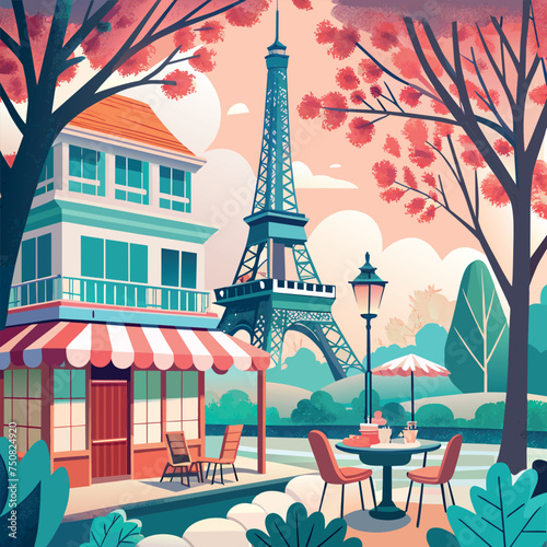 A man and a woman are sitting at a table in front of the Eiffel Tower. The scene is set in a city with a cafe and a park nearby. The atmosphere is relaxed and romantic