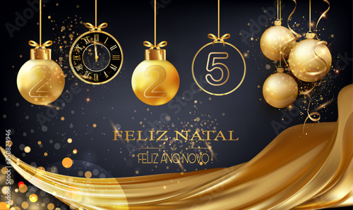 cartão ou faixa de cabeça para desejar um Feliz Natal e um Feliz Ano Novo 2025 em ouro e preto consistindo de baubles de Natal e um relógio sob um drape dourado de círculos de efeito bokeh em um fundo photo