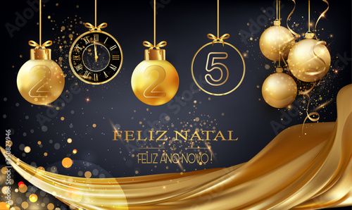 cartão ou faixa de cabeça para desejar um Feliz Natal e um Feliz Ano Novo 2025 em ouro e preto consistindo de baubles de Natal e um relógio sob um drape dourado de círculos de efeito bokeh em um fundo