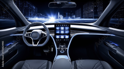 Modern electric car on road, interior, digital technology background, realistic, cinematic, 8k, movie, very detailed. A futuristic modern electric car dashboard, interior, digital technology © Anthichada