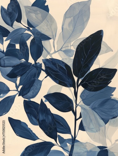 A painting featuring intricate blue leaves elegantly displayed on a clean white background, showcasing a harmonious contrast of colors and patterns.