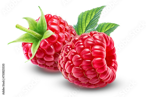 Two delicious raspberries with a leaf isolated on a white background.