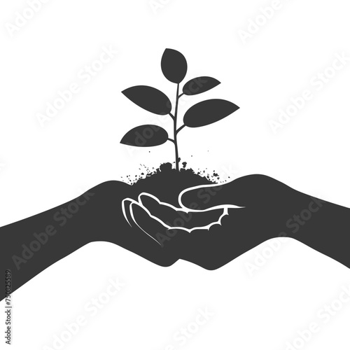 Silhouette Two Hand holding soil with growing sprout black color only