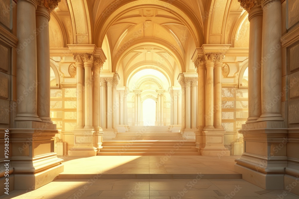 Warm sunlight inside neoclassical corridor - A striking image of sunlight flooding through a neoclassical corridor with grand columns and arches