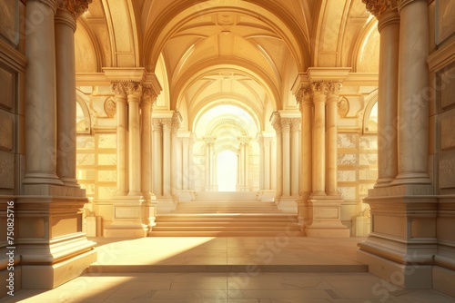 Warm sunlight inside neoclassical corridor - A striking image of sunlight flooding through a neoclassical corridor with grand columns and arches