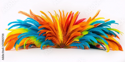 A multi-colored feather headdress with blue, green, yellow, orange, and red feathers.