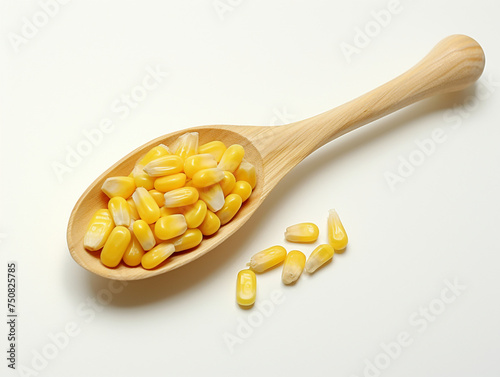 on a white background there is a pile of corn seeds, layed on a wood spoon сreated with Generative Ai