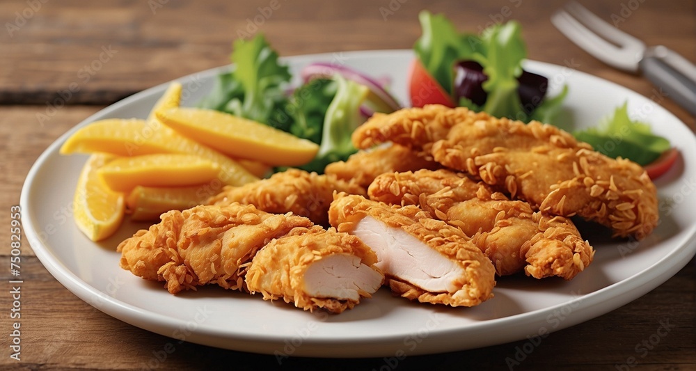Create an ultra-realistic image of a plate of crispy chicken strips with a golden-brown, perfectly textured coating. Pay meticulous attention to the details of each strip-AI Generative Create an ultra-realistic image of a plate of crispy chicken strips with a golden-brown, perfectly textured coating. Pay meticulous attention to the details of each strip-AI Generative