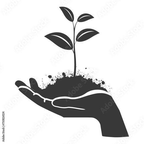 Silhouette Two Hand holding soil with growing sprout black color only