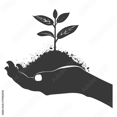 Silhouette Two Hand holding soil with growing sprout black color only