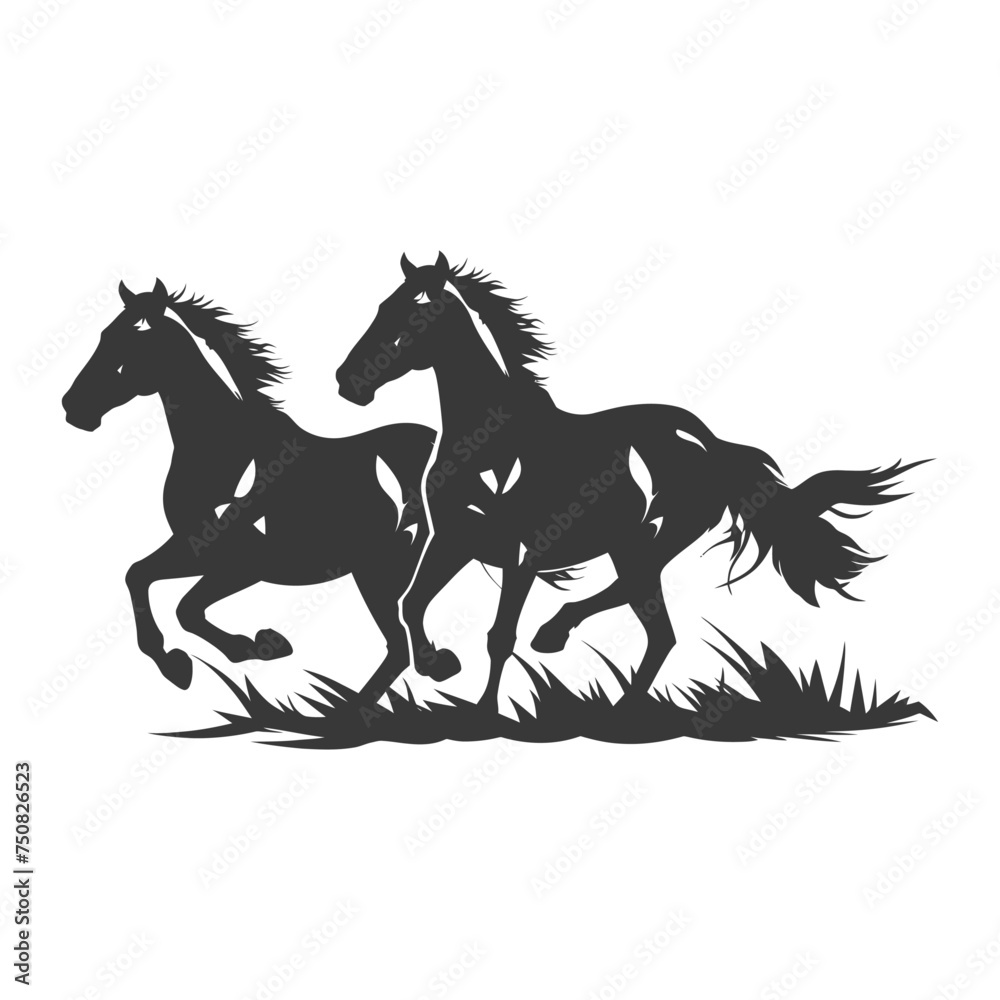 Silhouette two horses galloping Silhouette two horses galloping